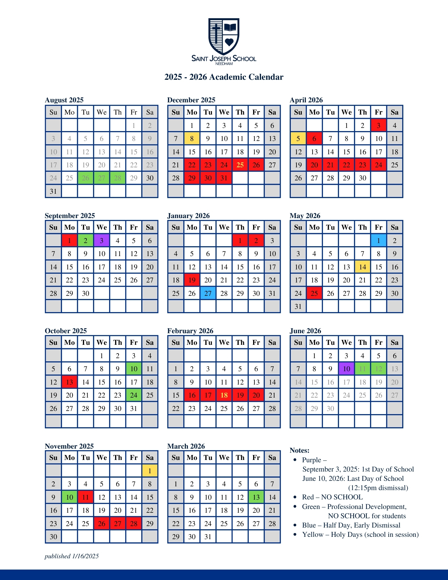 2025 2026 Academic Calendar St Joseph